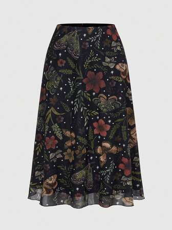 Fairycore Damen Große Größen A-Linien Mesh Rock mit Blumen- und Pflanzenprint, inspiriert von der Natur