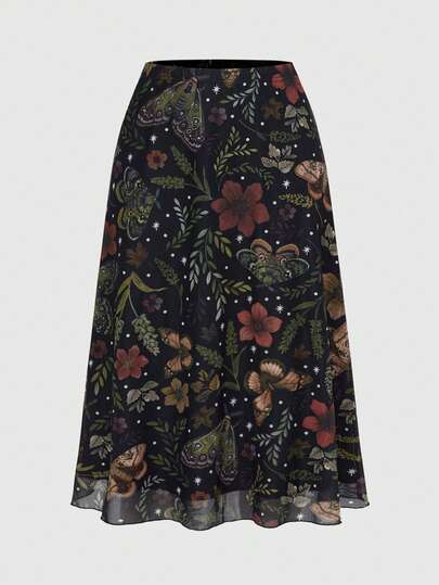 Fairycore Gonna a-line in rete con stampa floreale e vegetale, ispirata alla natura, per taglie comode