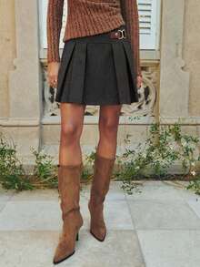 Nöista Grey Mini Pleated Skirt With A Wide Waistband And Statement Buckle For Women,Autumn Chic School Back-To-School Playful Versatile Holiday Looks - Dark Grey - View 6