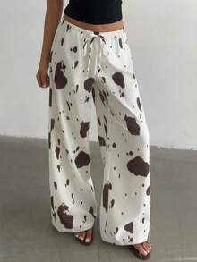 Aloruh 女士新款奶牛纹低腰阔腿裤，Y2K街头风奶牛纹长裤，奶牛纹波西米亚风夏季阔腿裤