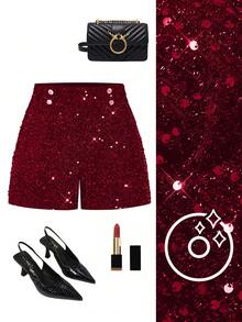 Ellevyn Women Burgundy Sequin Mini Shorts With Zipper Detail Woven Fabric Party Style - Burgundy - View 11