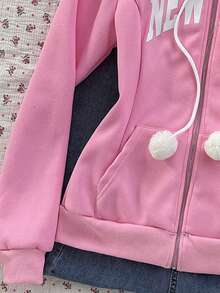 CovetEZ Áo sweatshirt nữ mùa Thu/Đông mới về, kiểu dáng Clean Girl ngọt ngào, thoải mái, ấm áp, chủ đề Giáng sinh, in chữ New York dễ thương, có lớp lót giữ nhiệt và cổ áo phối màu, màu hồng. - Hồng - Xem 5