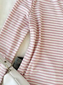 Tween Girl Boat Neck Striped Long Sleeve Casual Versatile T-Shirt - Baby Pink - View 3