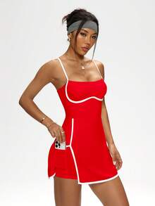 SHEIN Sports 女士撞色滚边修身不对称下摆吊带连衣裙 - 紅色 - 查看 6