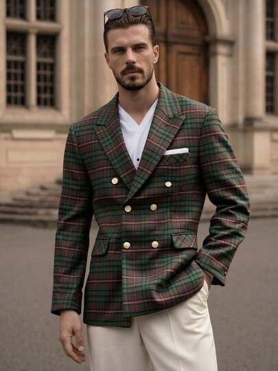 HIMLAND Men's Vintage Casual Plaid Mandarin Collar Double-Breasted Suit Jacket, Autumn Men Plaid Suit Men Double Breasted Suit Flannel Tuxedo Men 2 Piece Set Lapel Mens Jacket Suit Sports Coat Plaid Men