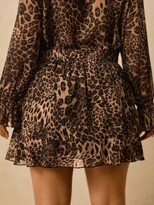 Travachic Plus Size Women Leopard Print Wrap Tie Waist Skirt, Ruffle Hem Chiffon Mini Skirt Cheetah Print - Multicolor - View 7