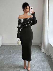 Rafferiza Váy len trễ vai co giãn dài tay màu trơn thắt nơ cho nữ, Váy len trễ vai ve lớn đính ngọc trai thanh lịch kiểu Pháp, Váy maxi dệt kim thu/đông, Váy len trở lại trường, Lễ hội âm nhạc, Giáng sinh, Váy tiên, Váy dự tiệc cưới mùa thu - màu đen - Xem 4