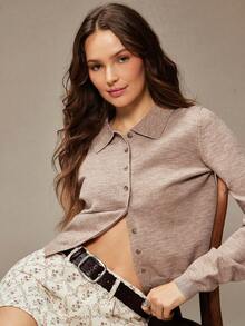 WESTFADE Button Front Relaxed Fit Polo Cardigan Sweater Winter, Boho, Western Wear, Holiday, Christmas, NYE, New Year, Nashville Cowgirl, Casual, Cute - Camel - View 3