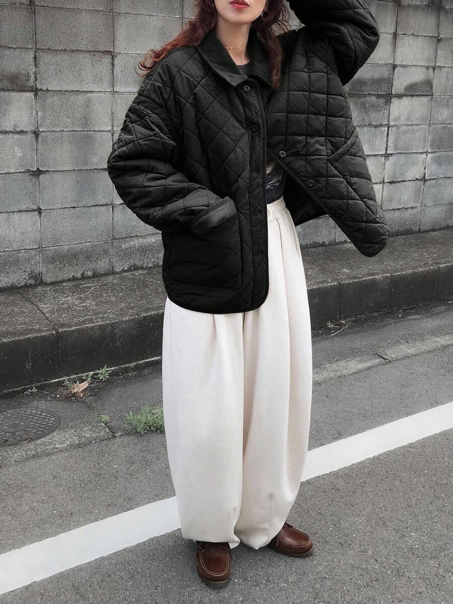 FRIFUL 女款加厚外套,對比色領口,菱格紋,貼袋設計,寬鬆休閒,適合秋季女學生 - 黑色 - 查看 1