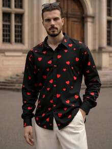 HIMLAND Men's Contrast Color Heart Print Long Sleeve Shirt Couple Matching Shirts For Couples Valentines Day Attire Black Shirt Red Hearts Husband And Wife Matching Outfits Men And Woman Matching Outfits - Black - View 2