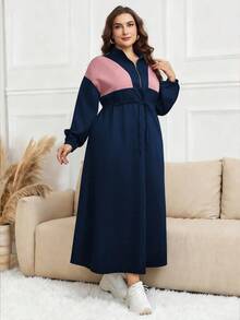 Modelyn Colorblock Drawstring Waist Zip Up Drop Shoulder Longline Dress Maxi Women Outfit - Navy Blue - View 1