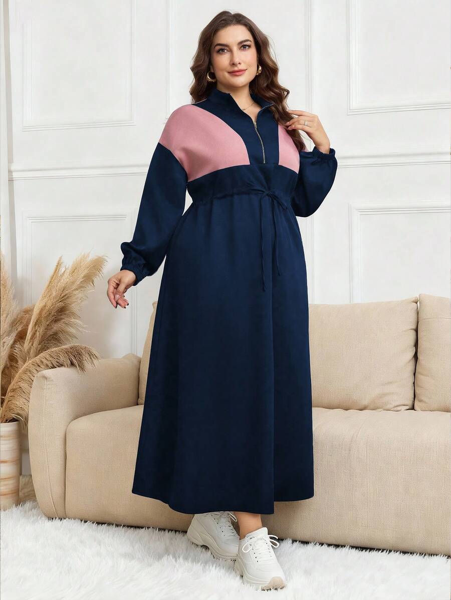 Modelyn Colorblock Drawstring Waist Zip Up Drop Shoulder Longline Dress Maxi Women Outfit - Navy Blue - View 1