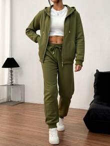 Traje de dos piezas para mujer elegante suéter y pantalones largos - suéter con cremallera de sombrero de extracción de cuerda, 100% tela de poliéster suave y ligera, bolsillo de canguro con pantalones largos elásticos, adecuado para el ocio diario - Verde militar - Ver 3