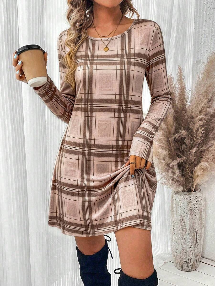 SHEIN LUNE 女士休闲格子圆领长袖连衣裙，秋季 - 卡其色 - 查看 1