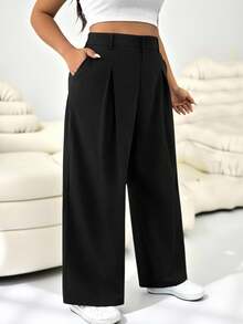 Solflare Plus Size Solid Color Button Casual Wide Leg Pants Graduation, Back To School, Teacher Outfits For Women In Fall/Winter