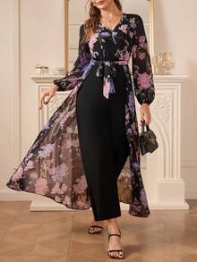 Amorya 女士V领长袖收腰灯笼袖印花针织弹力直筒裤，优雅日常连体裤，秋冬款 - 彩色 - 查看 9