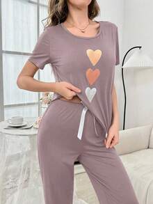 3pcs Heart Print Casual Women Pajama Set - Dusty Pink - View 3