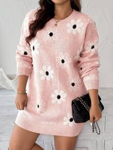 EMERY ROSE Váy dệt kim cổ tròn tay dài họa tiết hoa jacquard cỡ lớn dành cho nữ - Hồng - Xem 5
