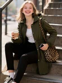 Áo khoác có mũ trùm đầu, thắt eo đơn giản dành cho bé gái tuổi teen, thích hợp mặc hàng ngày vào mùa xuân/thu - xanh quân đội - Xem 4