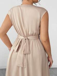 Elenzga Đầm thanh lịch cỡ lớn dành cho nữ, màu trơn, cổ chữ V, lưng chéo, thắt eo, thích hợp cho Ngày Valentine. - Màu Khaki - Xem 5