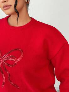 Elenzga Christmas Plus Size Sequin Bow Decor Crew Neck Casual Pullover Sweater, Red, Autumn/Winter - Red - View 6