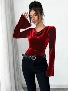 Rafferiza Áo thun dài tay trễ vai màu trơn dành cho nữ, chất liệu mềm mại, thoải mái, ôm sát, đa năng, phù hợp cho mùa xuân/thu, Giáng sinh, hẹn hò, tụ họp thường ngày, mặc nhiều lớp, công sở và mặc ở nhà. Áo đỏ thanh lịch dành cho nữ, áo đỏ rượu vang cho Giáng sinh. - Đỏ - Xem 6