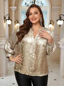EMERY ROSE Plus Size Notched Collar Sequin Patchwork Elegant Long Sleeve Shirt/Fall/Winter - Gold - View 5