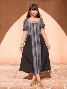Tween Girl Geometric Print Square Neck Elegant Short Sleeve Dress Abaya