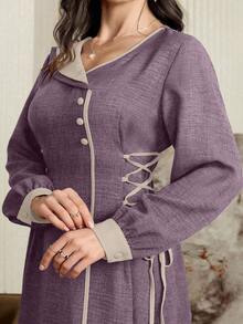 Modelyn 大码优雅撞色滚边抽绳腰中长连衣裙，秋季 - 紫色 - 查看 6