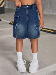 SHEIN Tween Girl Y2K Fashionable Stonewashed High Waist Flap Pocket Baggy Denim Cargo Shorts, Back To School Fall - Dark Wash - View 7