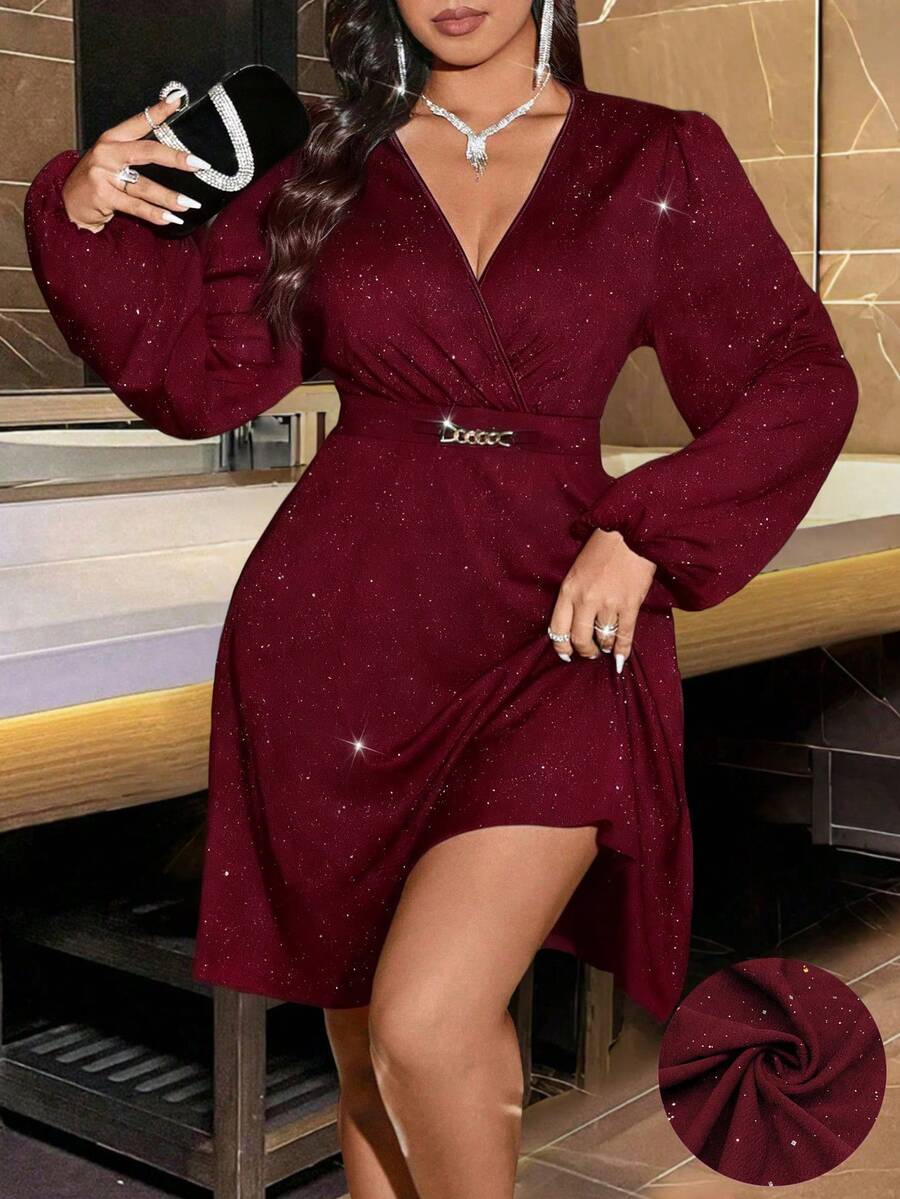 Femmeverse Plus Size Women V-Neck Lantern Sleeve Metal Chain Decor Solid Color Fashion Dress - Burgundy - View 1