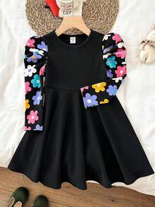 LMoss Kids Váy len cổ tròn tay dài họa tiết hoa chắp vá cho bé gái - màu đen - Xem 2