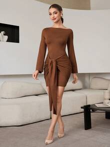 Poshira Vestido corto elegante de mujer con mangas largas ajustadas, plisado y retorcido, de unicolor, para primavera/otoño - Marrón - Ver 3