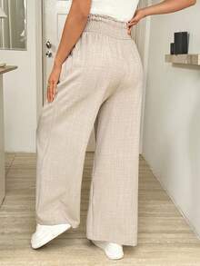 SHEIN 可调节腰带口袋时尚百搭孕妇阔腿裤 - 卡其色 - 查看 2