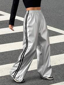 Muchica 女士撞色条纹 PU 运动裤，适合返校季 - 銀色 - 查看 3