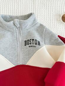 Cozy Pixies 两件套男婴撞色字母印花圆领长袖半拉链套头卫衣和松紧腰运动裤套装 - 彩色 - 查看 3