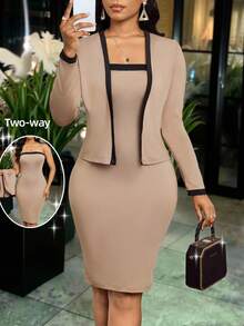 SHEIN Lady Women's Contrast Trim Long Sleeve Jacket & Dress 2 Pieces Set - Multicolor - View 1