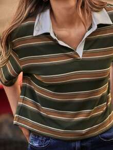 WESTFADE 条纹罗纹针织短款宽松短袖Polo衫，适合冬季、波西米亚风、西部风、假日、圣诞节、新年、纳什维尔牛仔风、休闲、可爱风格。 - 橄欖綠 - 查看 4