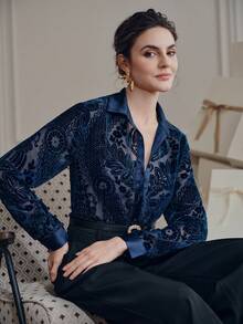 Anewsta Elegant Loose Vintage Casual Women's Blouse With Random Velvet Burnout Design And Button Details, Suitable For Christmas, Party, New Year, Valentine's Day, Wedding - Navy Blue - View 6