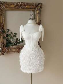 Lovelzi Váy quây màu hồng thanh lịch, lãng mạn, gợi cảm với vải hoa 3D, ôm eo và dáng ôm sát, dáng ngắn, thích hợp cho tiệc tùng và cocktail - trắng - Xem 1