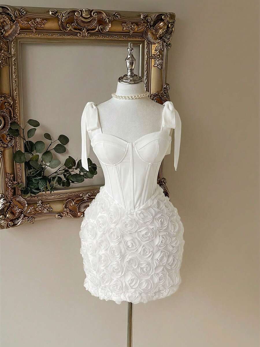 Lovelzi Váy quây màu hồng thanh lịch, lãng mạn, gợi cảm với vải hoa 3D, ôm eo và dáng ôm sát, dáng ngắn, thích hợp cho tiệc tùng và cocktail - trắng - Xem 1