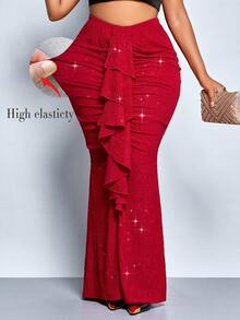 SOLERSUN 大码女式纯色褶皱拼接荷叶边美人鱼优雅中长裙，优雅、舒适、休闲时尚的通勤裙，2026新款，适合日常穿着、音乐节、派对、约会、中国红、情人节、春夏、圣帕特里克节、复活节、四叶草、街头风、海滩度假、野餐、教师节、母亲节、西式、波西米亚风，端庄、仙气十足。 - 紅色 - 查看 1