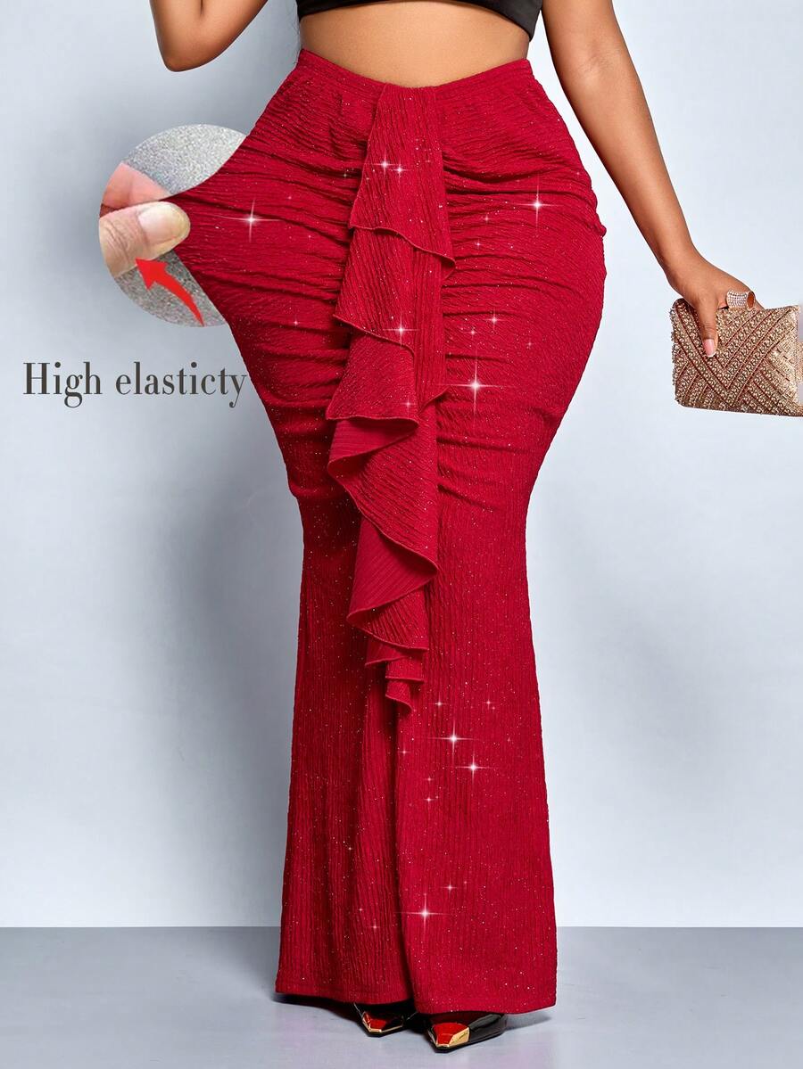 SOLERSUN 大码女式纯色褶皱拼接荷叶边美人鱼优雅中长裙，优雅、舒适、休闲时尚的通勤裙，2026新款，适合日常穿着、音乐节、派对、约会、中国红、情人节、春夏、圣帕特里克节、复活节、四叶草、街头风、海滩度假、野餐、教师节、母亲节、西式、波西米亚风，端庄、仙气十足。 - 紅色 - 查看 1