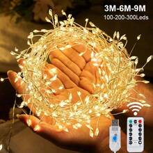 1串100/200/300颗LED灯珠，USB接口，8种模式，3/6/9米长，适用于婚礼、生日派对、露营、万圣节、圣诞节装饰，闪烁灯串，可用于户外、花园、露台、庭院、圣诞树装饰。 - 彩色 - 查看 23