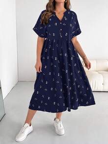 SHEIN Essnce Plus-Size Women's Baby Dress, Loose Dress, Summer Short-Sleeved Dress, Loose And Comfortable Plus-Size Clothing, Printed Dress,Vacation Dress Casual Dresses For Woman Homecoming Dress Casual Dress Church Dresses For Women Casual Dress Teacher Outfits Plus Size Bubble Skirt Fall Outfits Women,Work Dress Going Out Dress Casual Dresses - Navy Blue - View 6