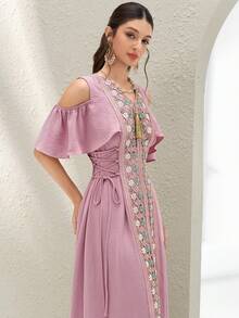 Al Najma Women's Solid Color Patchwork Fringe Detail Minimalist Long Arabic Style Dress, Arabian Dresses Romantic Young Pink Dress - Pink - View 5