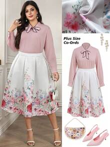 Ellevyn Multicolor Plus Size Woven Fabric Tie Neck Blouse And Plants Pattern Skirt Outfit - Multicolor - View 1