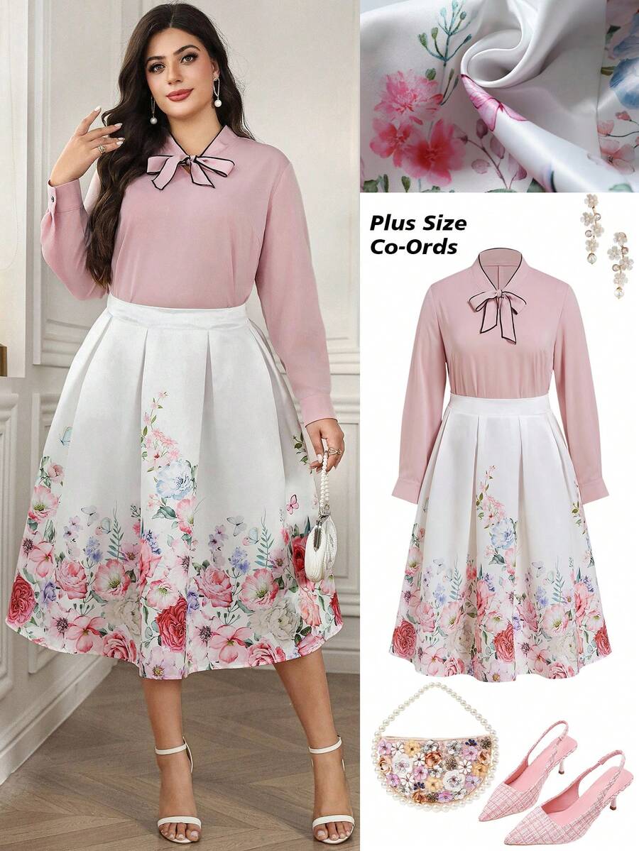 Ellevyn Multicolor Plus Size Woven Fabric Tie Neck Blouse And Plants Pattern Skirt Outfit - Multicolor - View 1