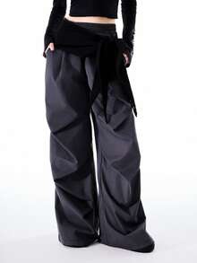 Bloopia 女士休闲时尚褶皱宽松阔腿裤 - 深灰色 - 查看 1