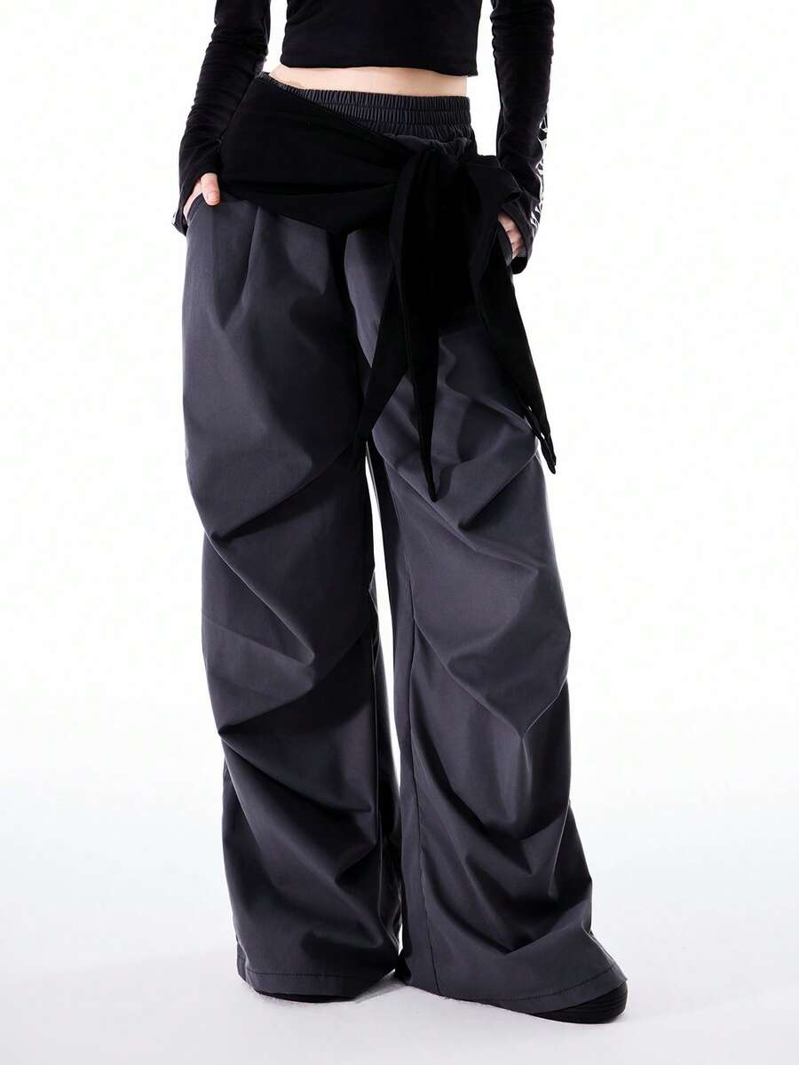 Bloopia 女士休闲时尚褶皱宽松阔腿裤 - 深灰色 - 查看 1